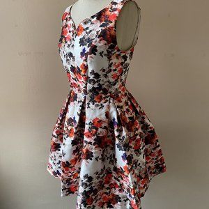 Gracia Red and White Floral Printed Sleeveless A line V Neck Mini Dress